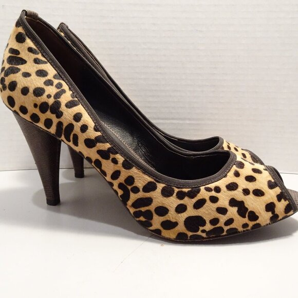 Donald J Pliner Peep-Toe High Heels Calf Hair Size 9.5 Leopard Print Brown - Picture 1 of 5